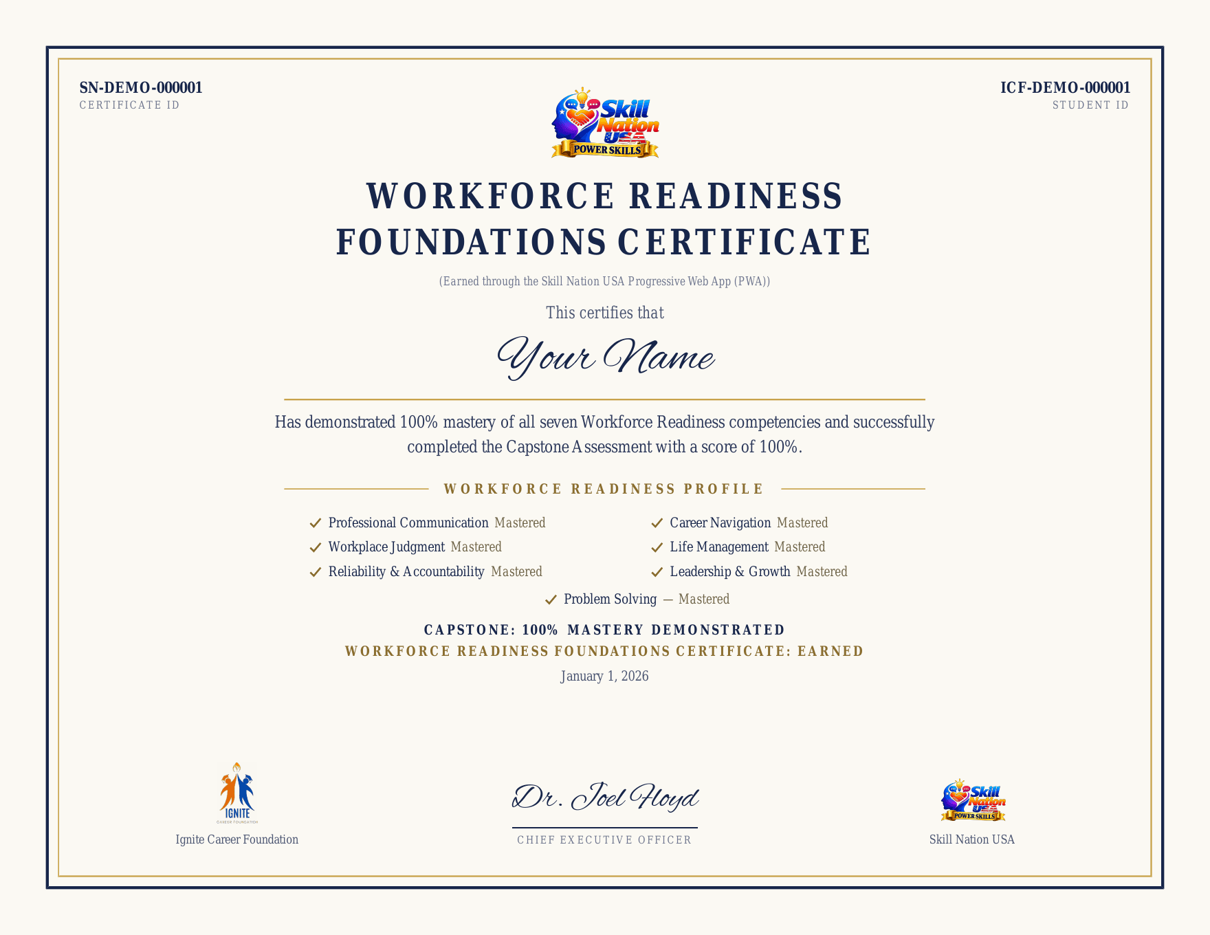 Sample Workforce Readiness Foundations Certificate